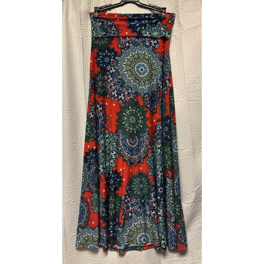 Honey & Lace Bohemian Maxi Skirt Vibrant Red Blue Green Mandala Print Size Small